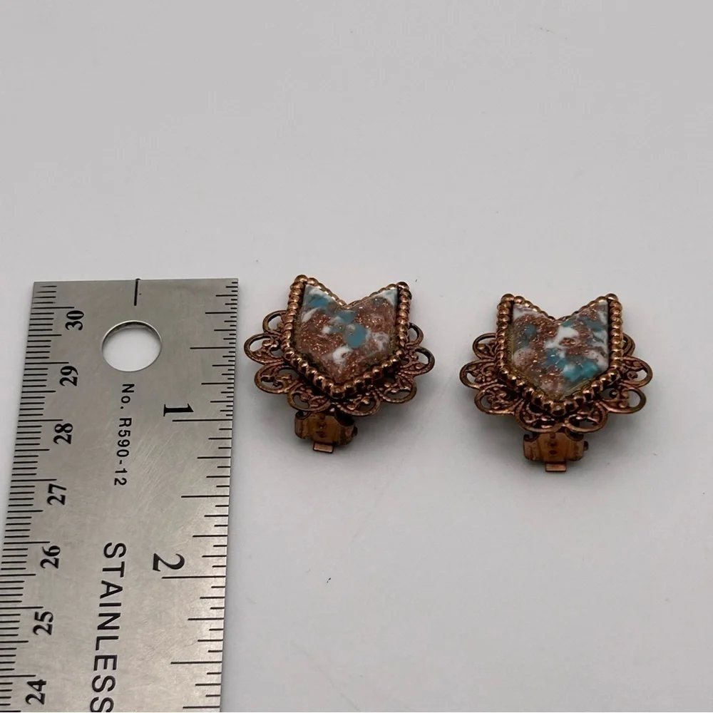 Vintage Copper Swirl Victorian Revival Clip On Earrings with Marble Glitter
